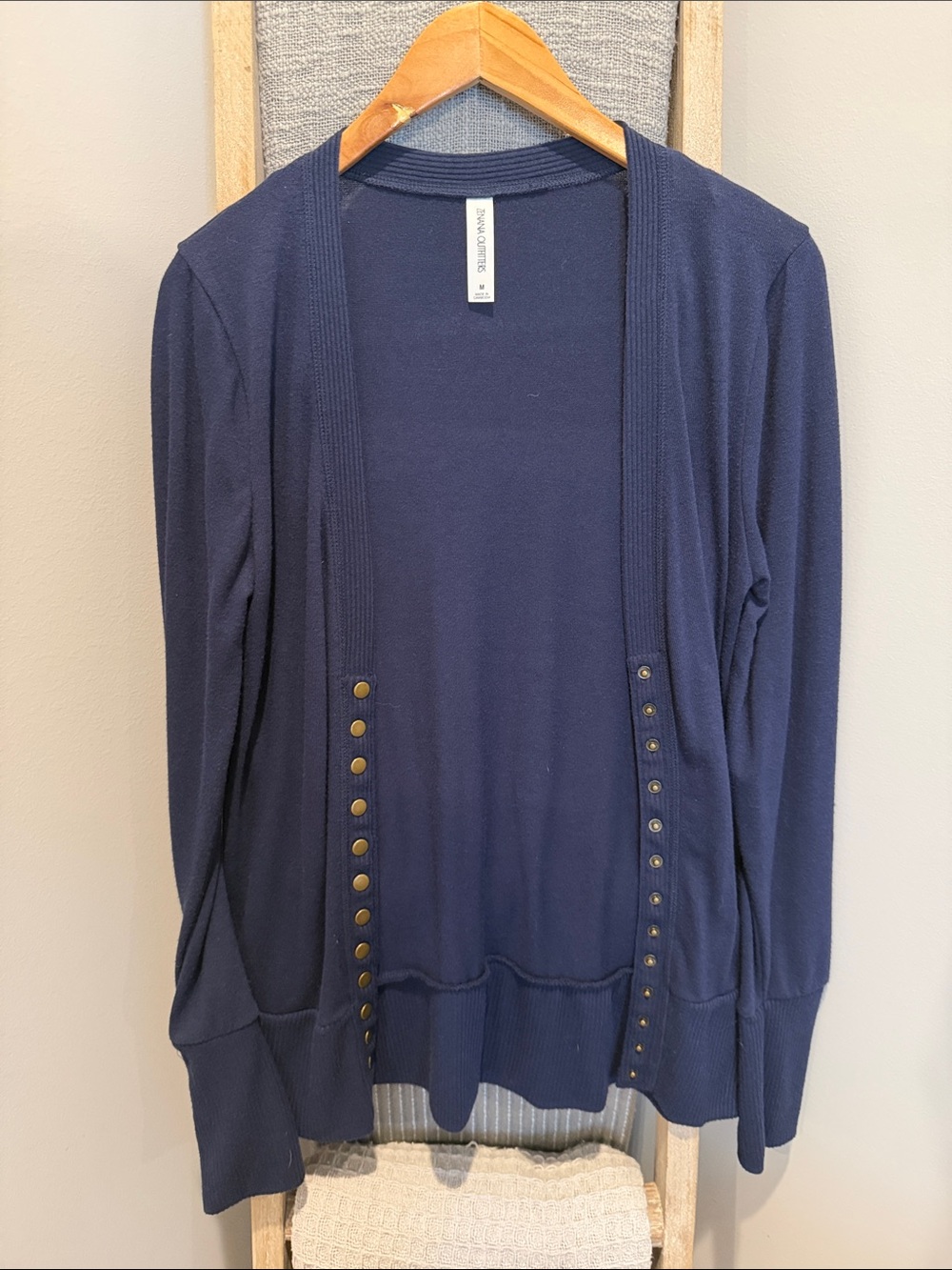 Navy Open-Front Cardigan with Decorative Studs